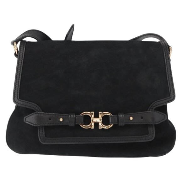 Authentic Salvatore Ferragamo Gancini Shoulder Bag Suede Leather Black Gold - Picture 9 of 16